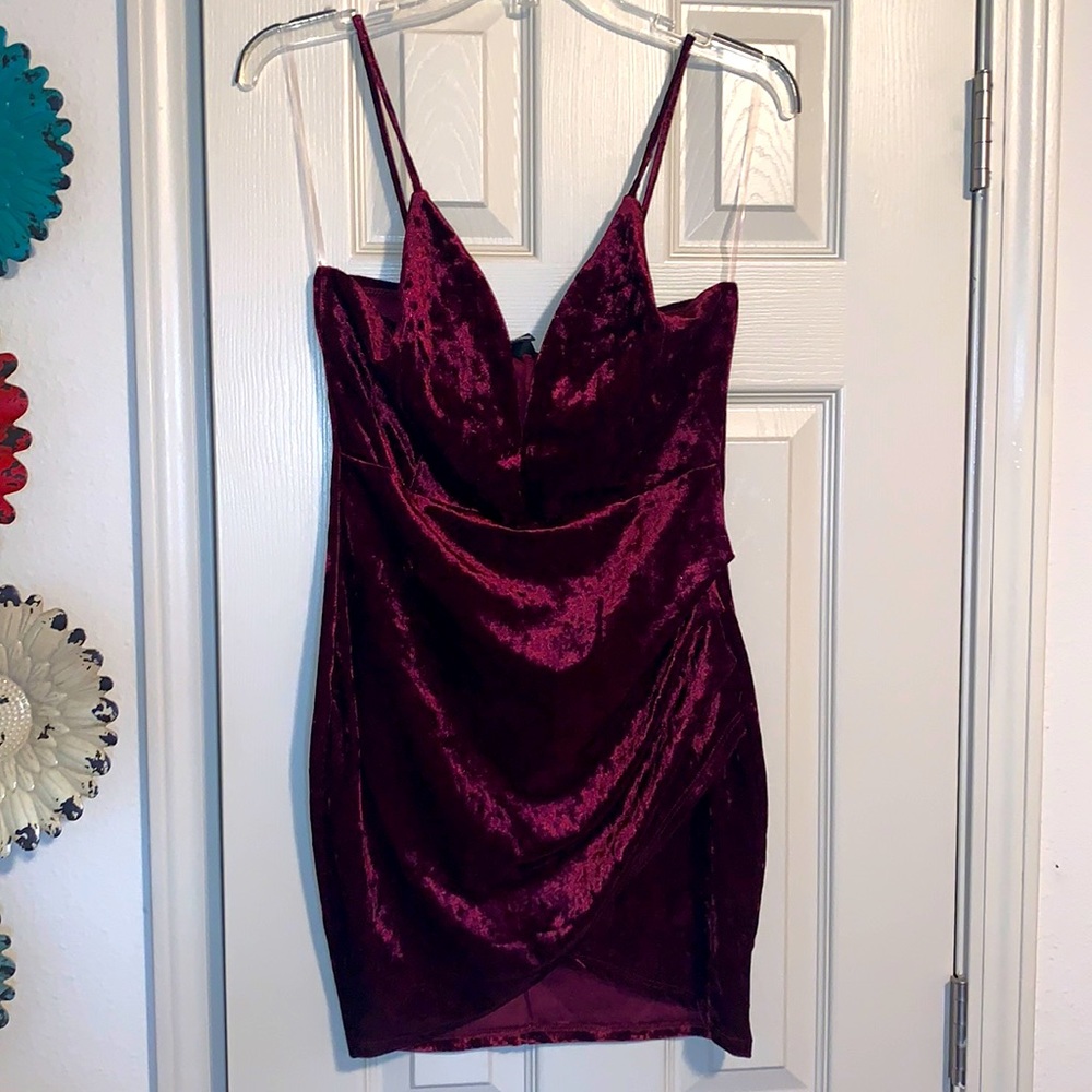 Velvet maroon, low V neck, mini dress, size M